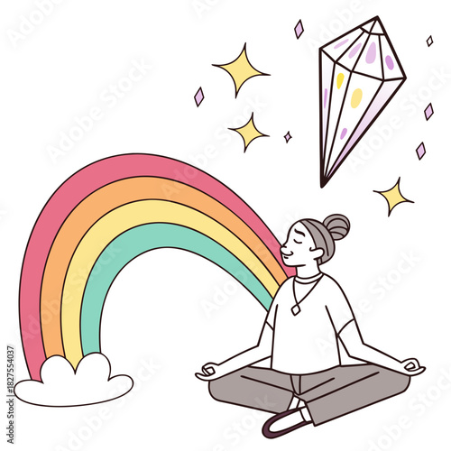 Person meditating with eyes closed surrounded by a colorful rainbow sparkling stars and a large crystal above head