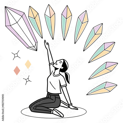 A woman meditating and reaching towards a fan of colorful crystals symbolizing healing and spiritual growth