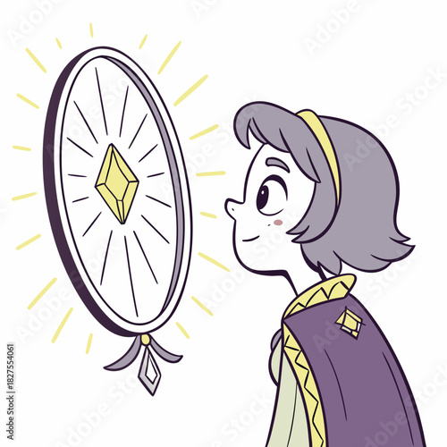 Young cartoon girl with purple cloak admiring a glowing magical amulet with a yellow diamond in a circular frame