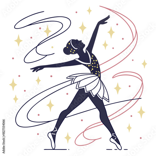 Elegant ballerina silhouette in graceful pose with flowing ribbons and sparkling stars on a white background