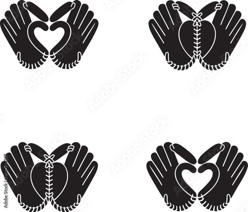 Baseball Gloves Forming Heart Shapes – Sports Love Vector Illustration Set 