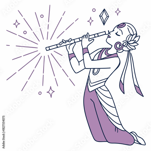Art deco style illustration of a woman playing a flute with magical stars and sparkles emanating from the instrument