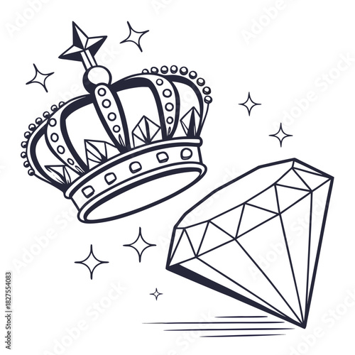 A regal crown and a sparkling diamond are depicted in a simple elegant line art style with twinkling stars