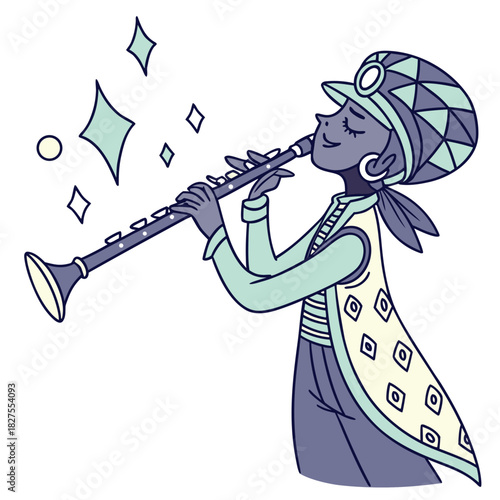 A joyful person wearing a colorful patterned hat and vest plays a clarinet with eyes closed and sparkling musical notes around them