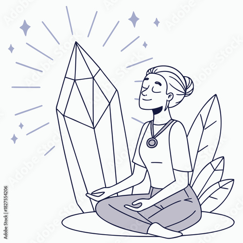 Woman meditating peacefully with eyes closed surrounded by large crystals and glowing stars symbolizing inner peace and spiritual growth