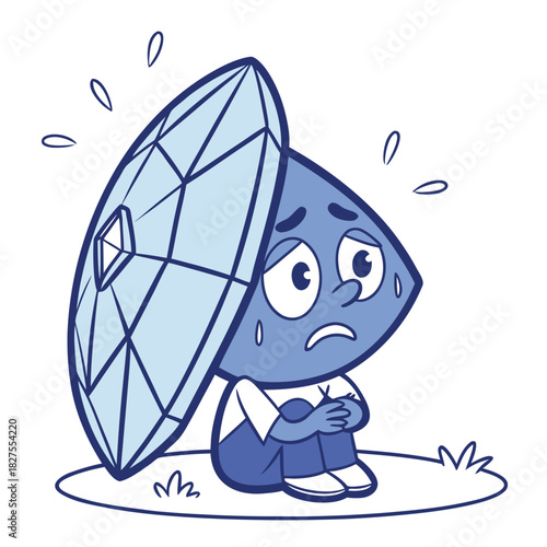 Sad cartoon diamond character hiding underneath a large shiny gemstone feeling scared and worried
