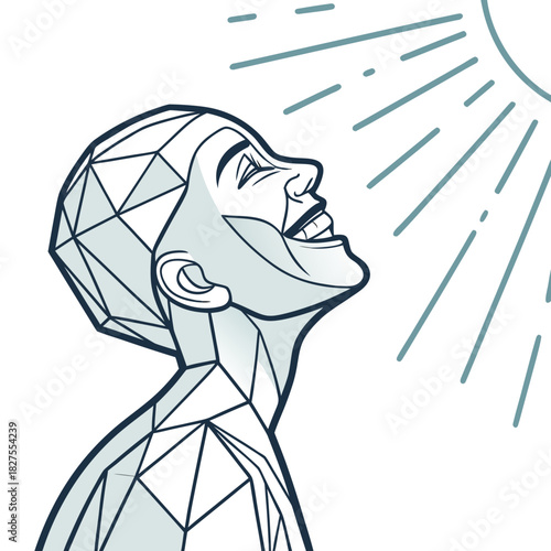 Geometric human head and shoulders looking up towards stylized sun rays with expression of joy and happiness