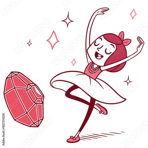Joyful cartoon ballerina girl in pink tutu dancing gracefully next to a large sparkling ruby gemstone