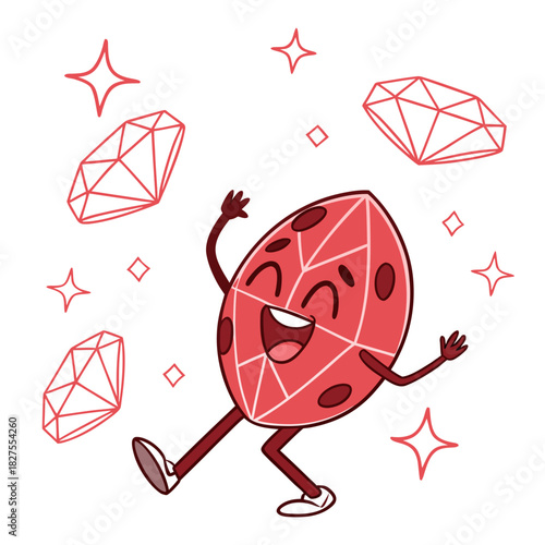 Happy cartoon ruby gemstone character dancing with joy surrounded by sparkling diamonds and stars