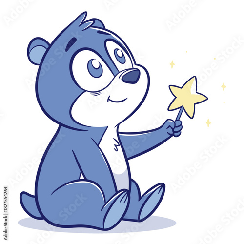 Cute blue cartoon bear cub sitting and holding a magic wand with a yellow star and sparkling lights