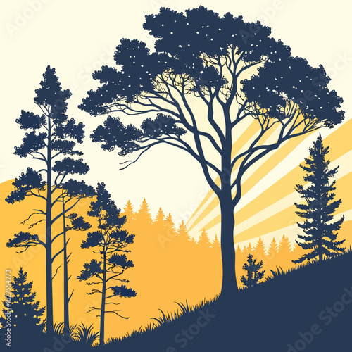 Stylized silhouette of pine trees and a large deciduous tree against a backdrop of radiating sunbeams and orange hills