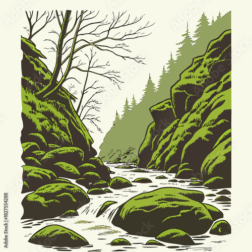 Stylized illustration of a moss covered rocky gorge with a flowing river and evergreen trees in the background