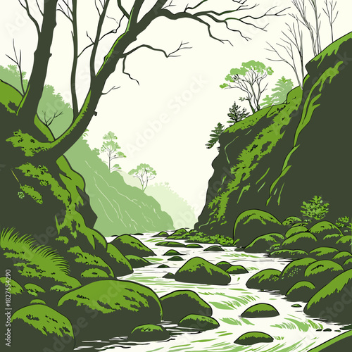 A lush green forest landscape with a rocky river flowing through a verdant canyon