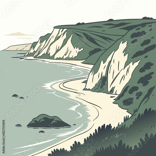 Serene coastal landscape with dramatic white cliffs meeting a calm turquoise sea and sandy beach