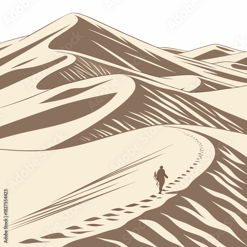 Lone traveler walks through vast desert sand dunes leaving footprints on a winding path under a clear sky