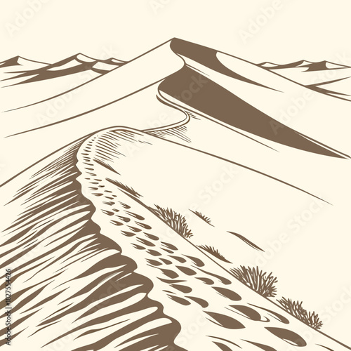 A winding path of footprints leads across rolling sand dunes under a vast expanse of sky in this stylized illustration