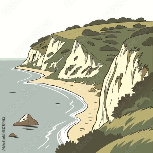 Stylized illustration of a scenic coastal landscape featuring dramatic white chalk cliffs meeting a sandy beach and the calm sea