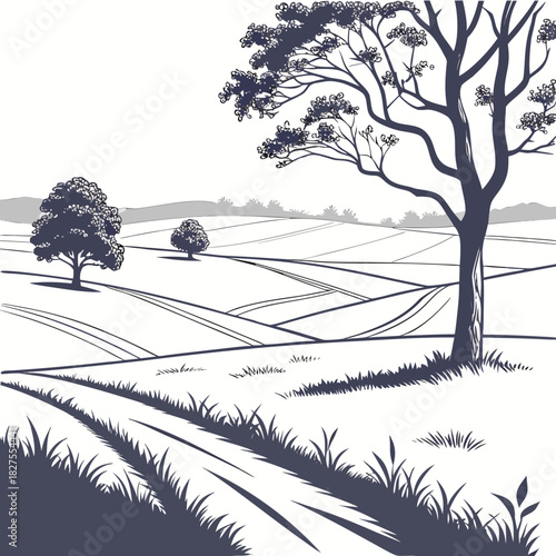 Stylized illustration of rolling farmland with trees and grassy foreground in a graphic art style