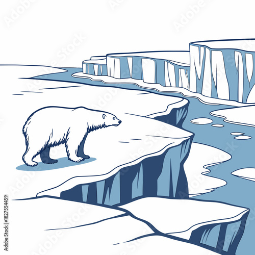 A lone polar bear stands on the edge of a melting ice floe in the arctic ocean amidst a stark blue and white landscape