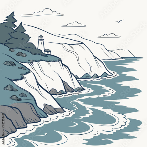 Coastal landscape with a lighthouse on a cliff overlooking the ocean waves and a lone tree