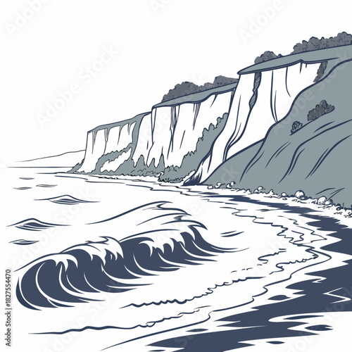 Stylized illustration of dramatic white chalk cliffs meeting the ocean with rolling waves and a rocky shoreline