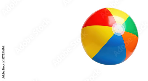 A classic inflatable beach ball with vibrant red, yellow, green, orange, blue panels and a white plug, suspended mid-air on a transparent background with copy space, symbolizing summer fun and playful Free Download A classic inflatable beach ball with vibrant red, yellow, green, orange, blue panels and a white plug, suspended mid-air on a transparent background with copy space, symbolizing summer fun and playful - GFXLoad