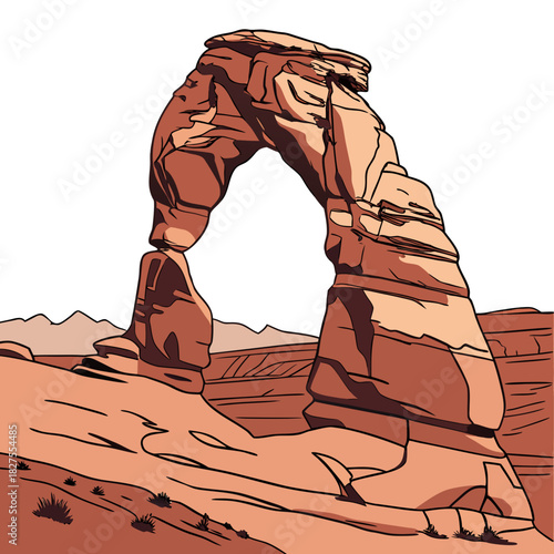Iconic delicate arch formation in arches national park utah depicted in a stylized illustration with warm desert tones and clear sky