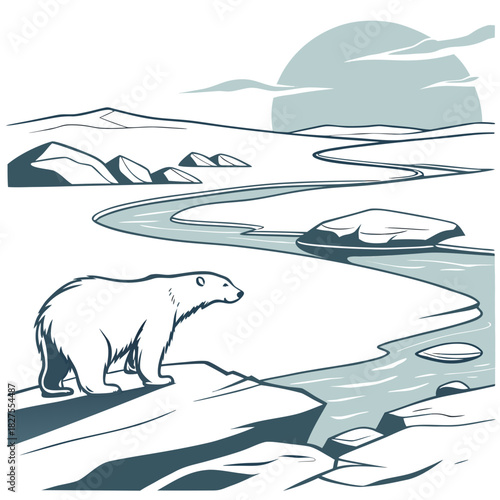 A solitary polar bear stands on ice overlooking a winding river under a hazy sun in an arctic landscape