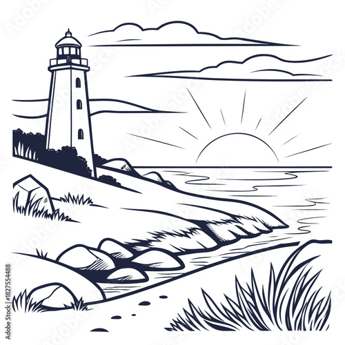 Stylized black and white illustration of a classic lighthouse standing tall on a rocky coastline at sunrise