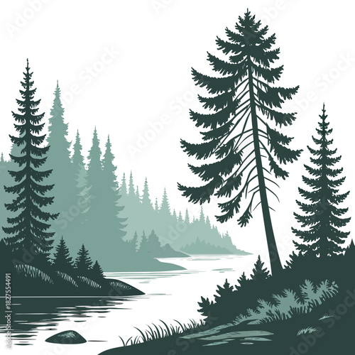 Serene evergreen forest landscape with a calm river flowing through misty mountains and trees