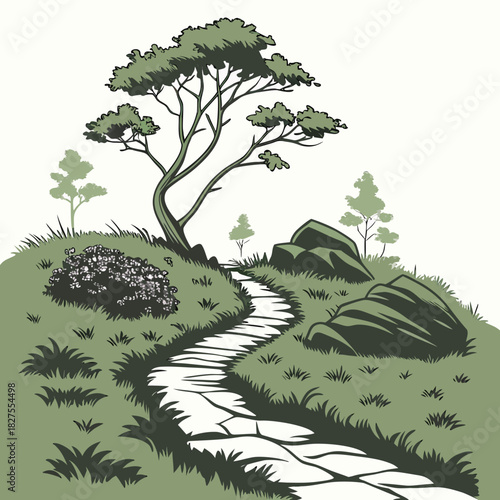 Stylized illustration of a winding stone path through a grassy hill with a lone tree and rocks