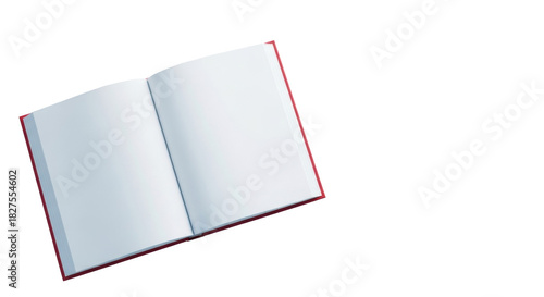 Pristine open hardcover book with bright white blank pages and sophisticated matte red cover, on a minimalist white desk, clean studio flat lay shot, concept of new beginnings and potential