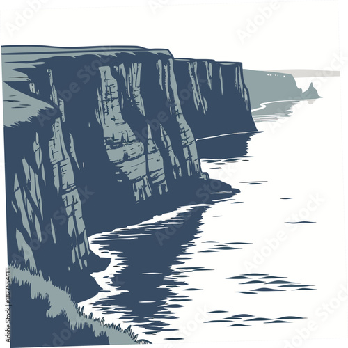 Dramatic coastal cliffs rise majestically above the deep blue ocean with reflections on the water