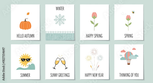 Seasonal greeting cards with cute illustrations for autumn, winter, spring, summer
