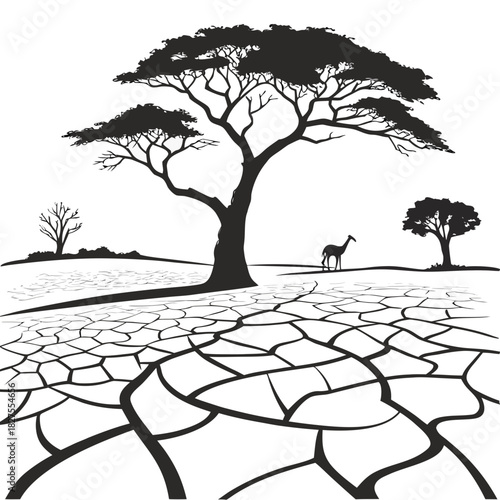 Silhouette of a lone giraffe standing in a dry cracked earth landscape with acacia trees under a white sky