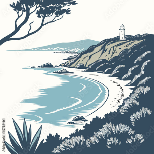 Stylized coastal landscape illustration featuring a serene bay rocky cliffs and a distant lighthouse under a pale sky