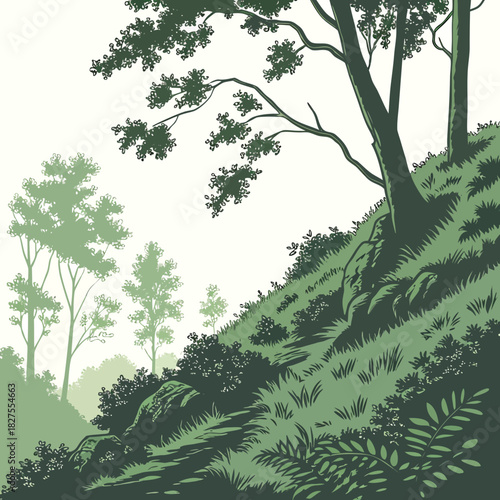 Stylized green forest landscape with trees on a grassy hill and a bright sky background