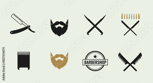 Barbershop logo set with razor, beard, comb and other related objects