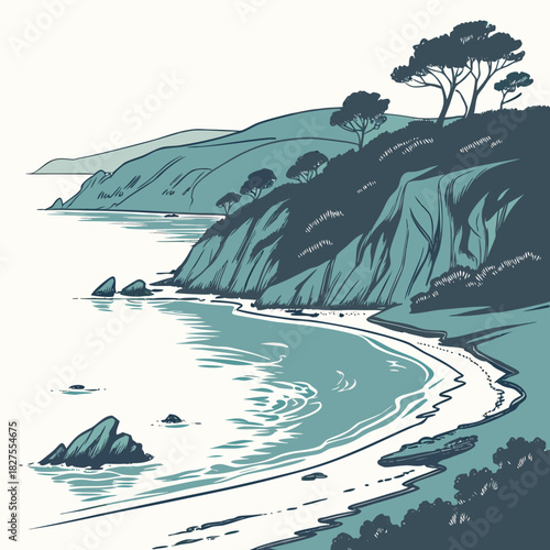 Serene coastal landscape with rolling hills dramatic cliffs and a tranquil bay with scattered rocks and trees