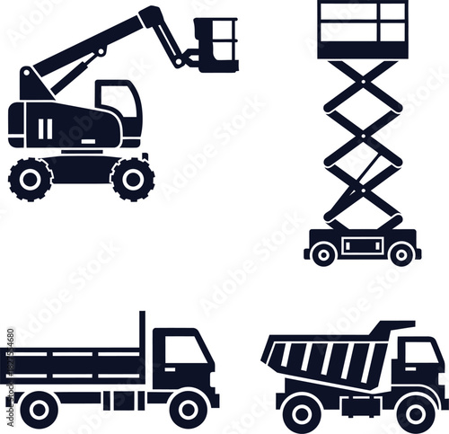 Set of Construction and Lifting Equipment Icons with Trucks and Lifts Keywords: construction, equipment, icons, trucks, lifts