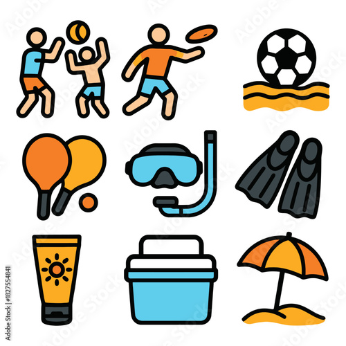 Beach activities and accessories: volleyball, frisbee, snorkeling gear, sunscreen, cooler, umbrella.