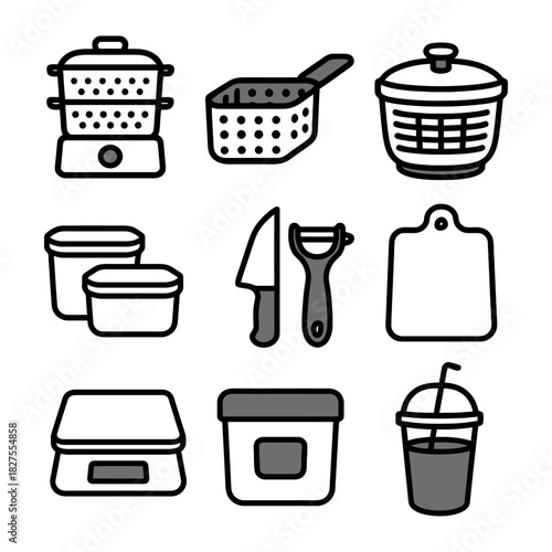 Collection of kitchen utensils and appliances.