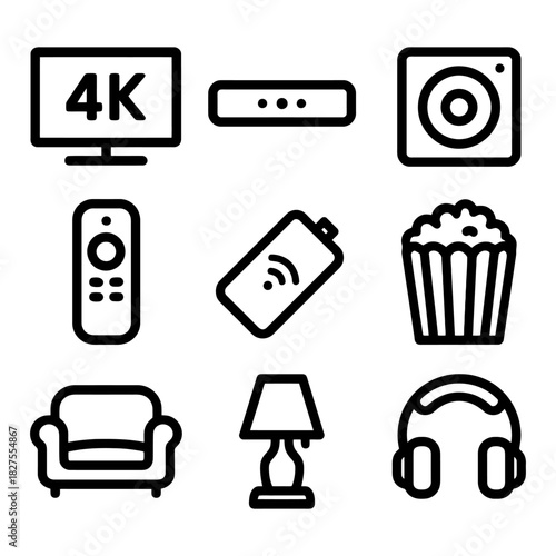 Entertainment and technology icons: 4k, streaming, audio, furniture, and snacks.