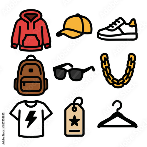 Casual fashion icons: hoodie, cap, sneakers, backpack, sunglasses, chain, t-shirt, tag, hanger.