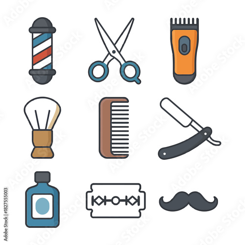 Barber shop tools: scissors, clippers, razor, comb, brush, shaving cream, blade, moustache.