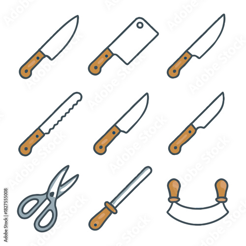 Collection of kitchen tools: knives, cleaver, scissors, sharpener, mezzaluna.