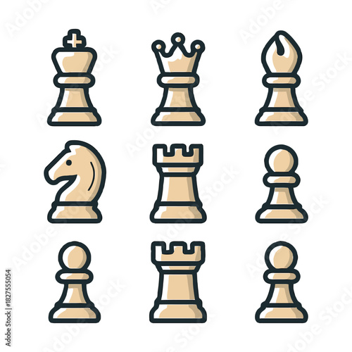 Set of nine iconic chess pieces including king, queen, bishop, knight, rook, and pawn.