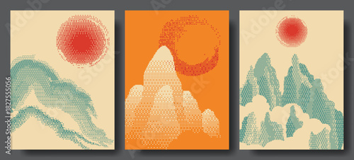 Minimalist Japanese Landscape Posters – Retro Halftone Sun and Mountain Illustrations