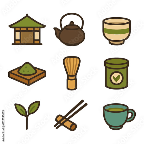 Tea ceremony icons: teapot, matcha bowl, bamboo whisk, tea leaves, chopsticks, traditional house.