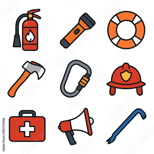 Emergency equipment icons: fire extinguisher, flashlight, life ring, axe, helmet.